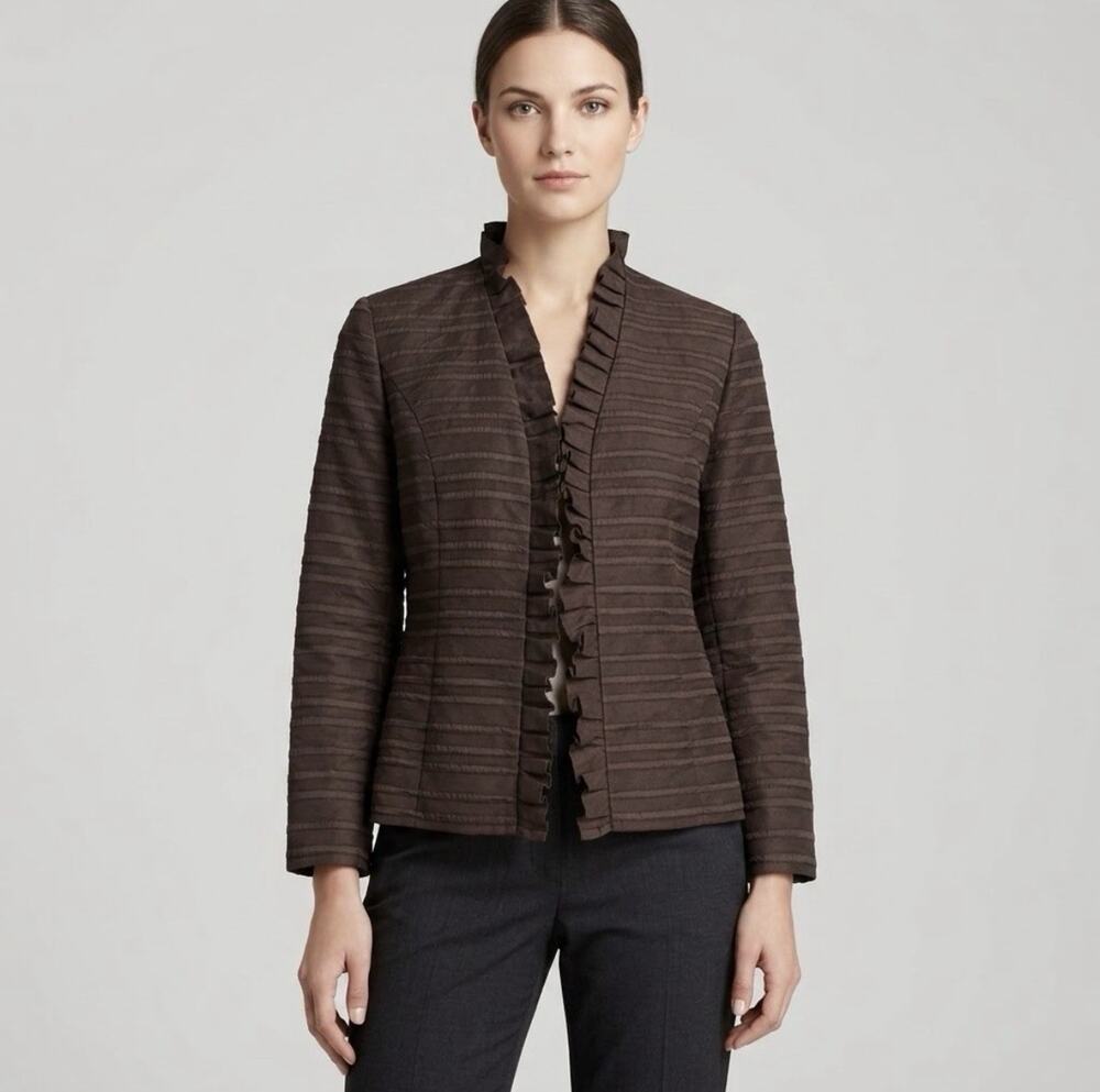 Lafayette 148 Ruffled Open Front Striped Texture Blazer 8P Brown Cotton Fall